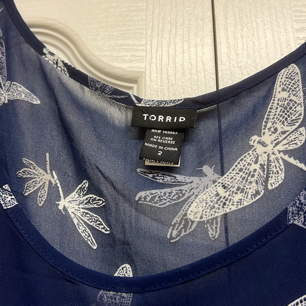 Torrid Navy Sheer High Low Dress w/ White Dragonfly Print and Ruffle Hem Size 2 - Picture 3 of 5